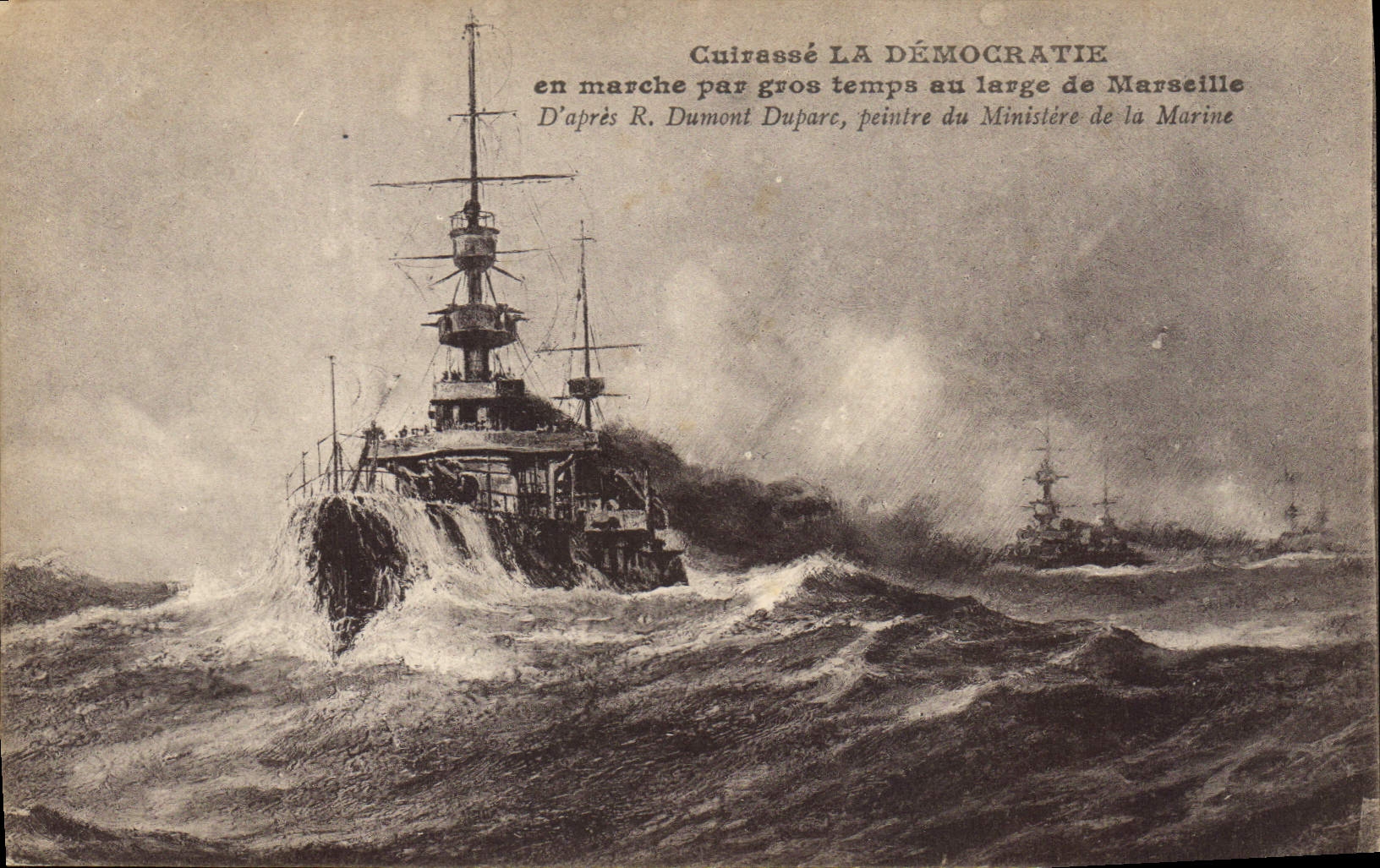 CPA Bateau de guerre Cuirasse La Democratie en marche par gros temps au large de Marseille