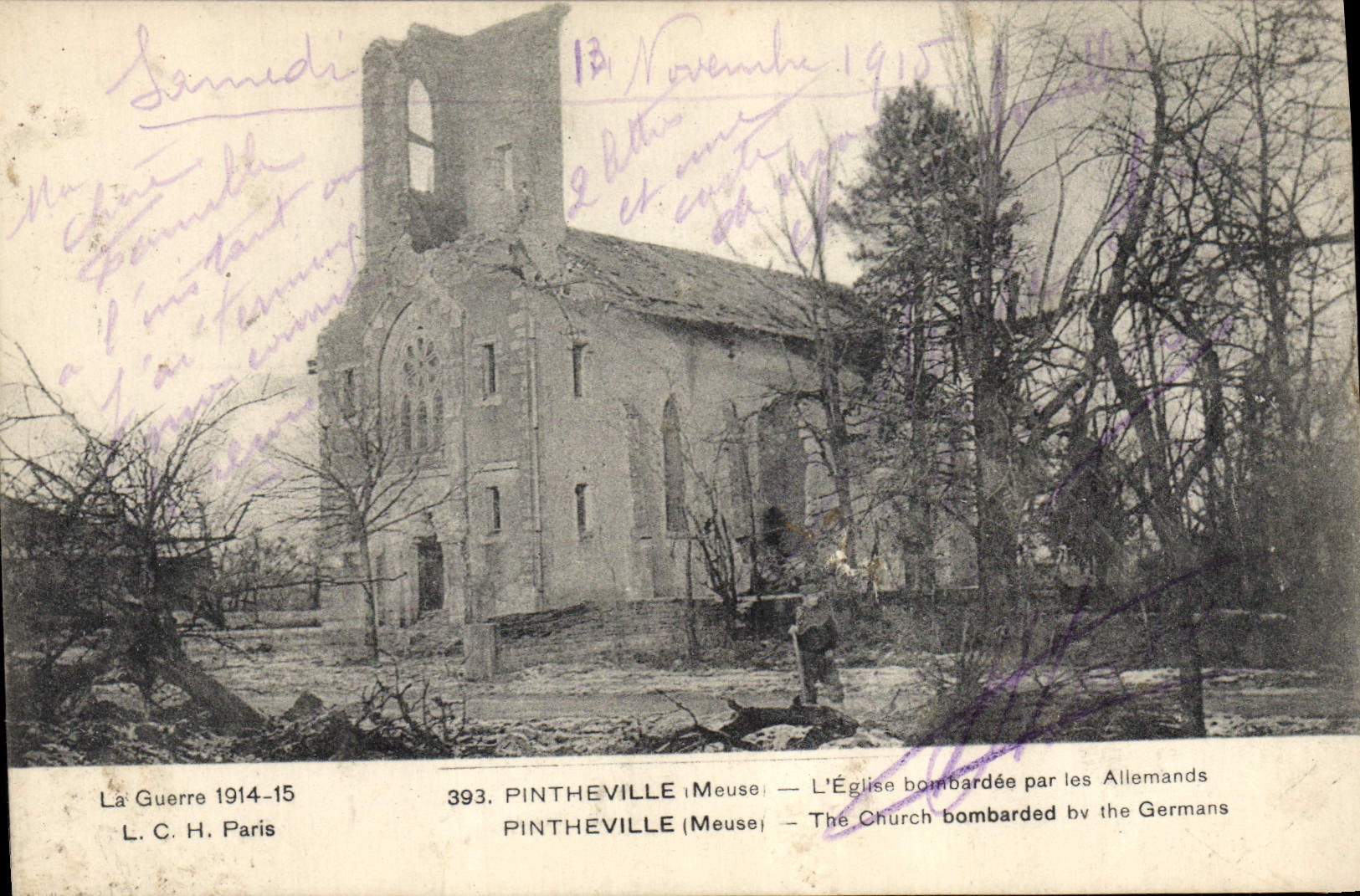 CPA Militaria Pintheville L'eglise bomabardee par les Allemands