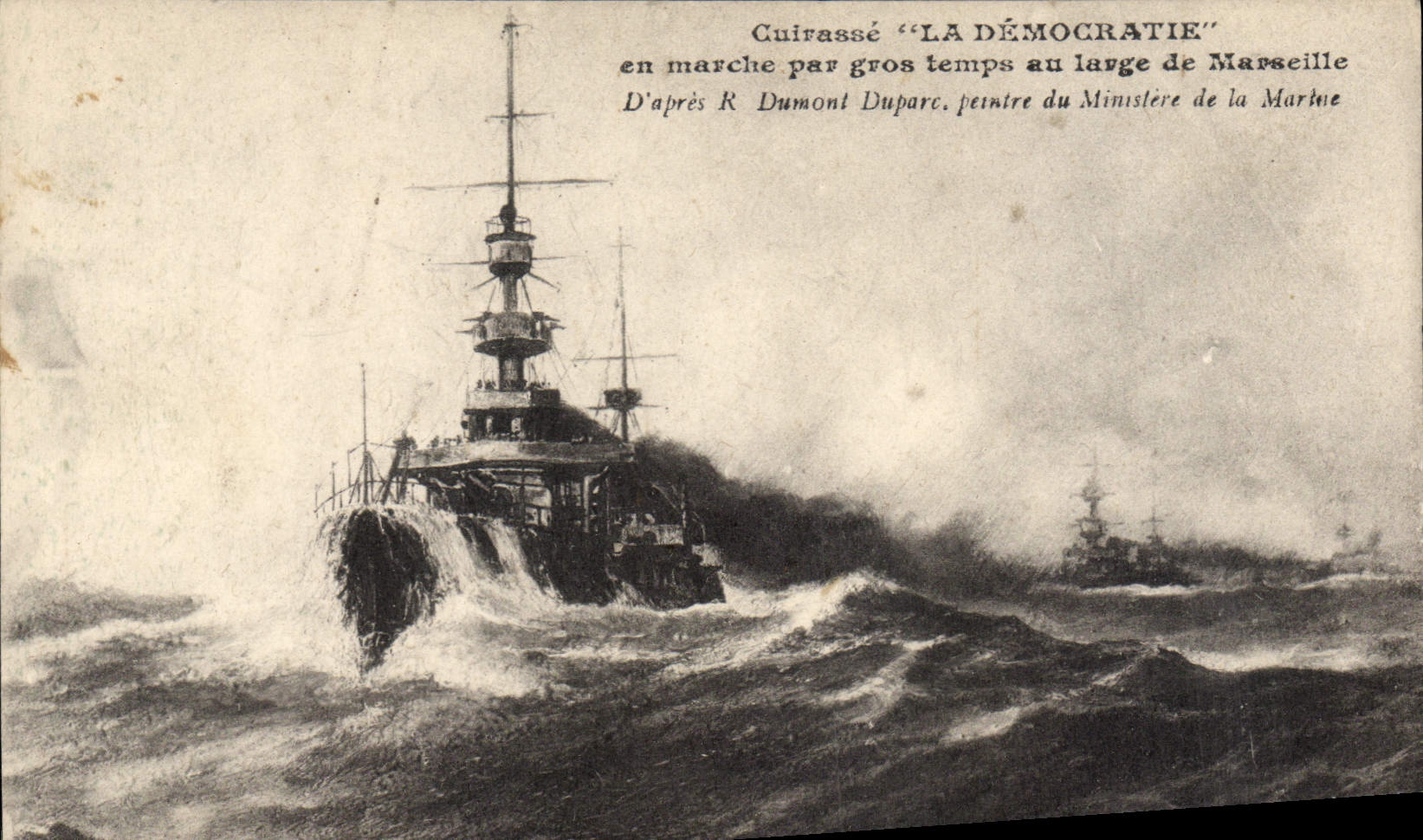 CPA Bateau de Guerre Cuirasse La Democratie en marche par gros temps au large de Marseille