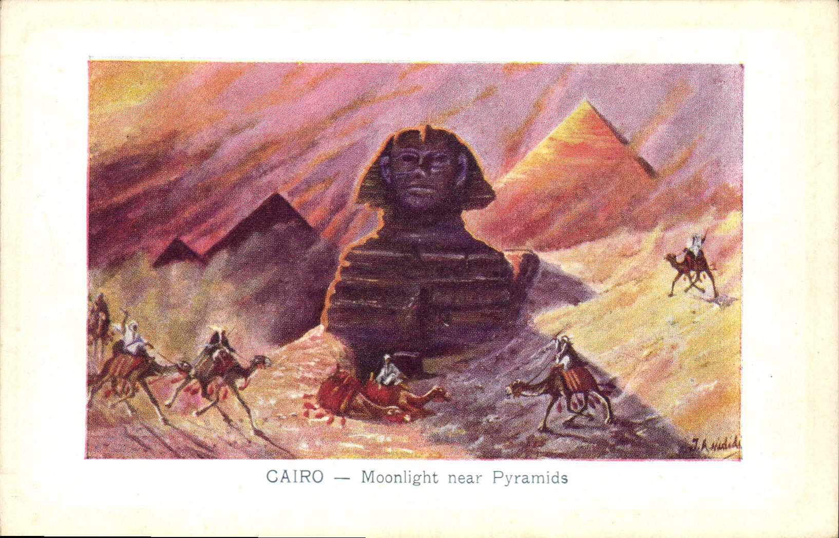 CPA Egypt Egypte Cairo Moonlight near Pyramids