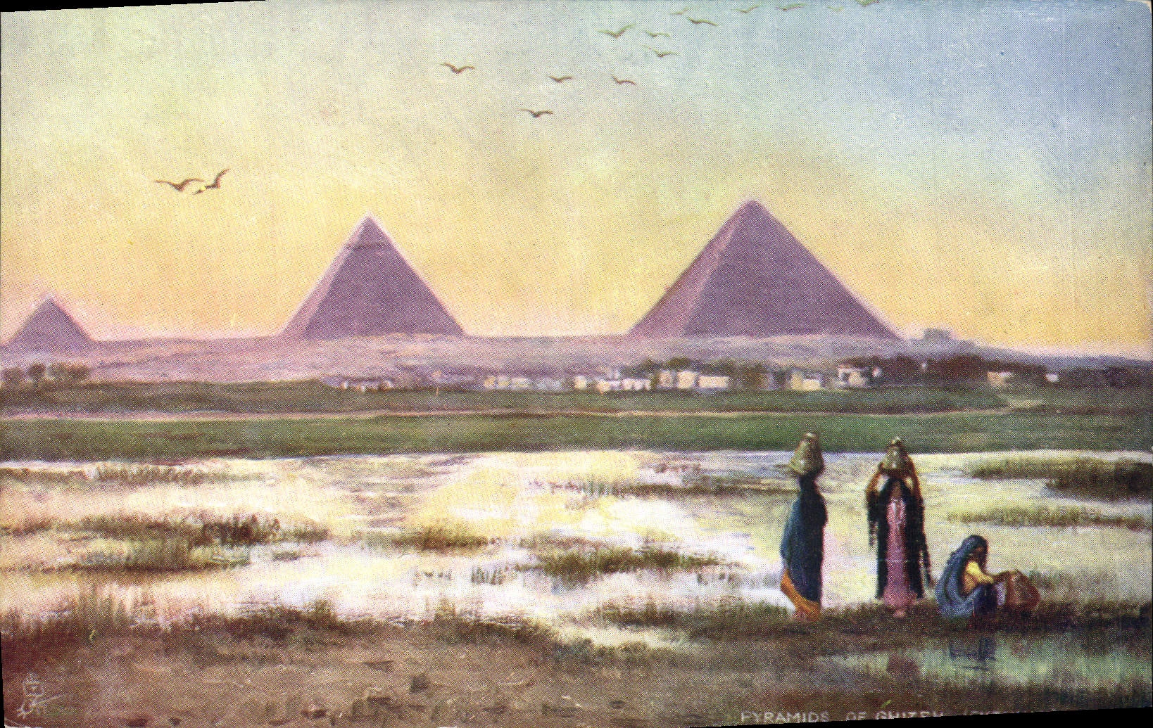 CPA Egypt Egypte Pyramids of Ghizeh Evening
