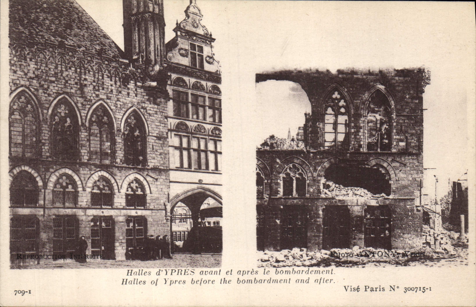 CPA Militaria Halles d'Ypres avant et apres le bombardement 