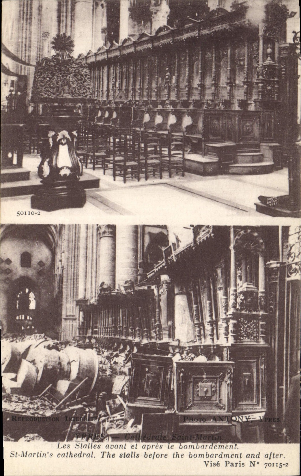 CPA Militaria Arras cathedrale Saint Martin les stalles avant et apres le bombardement 