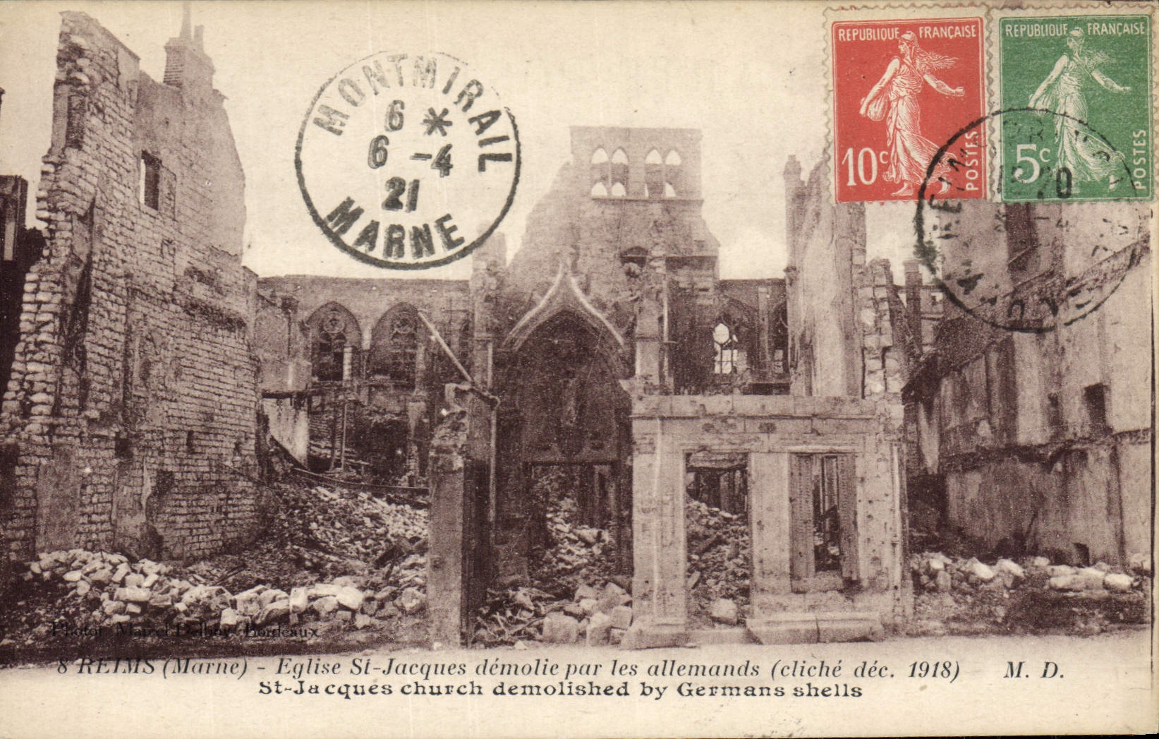CPA Militaria Reims Eglise St Jacques demolie par les Allemands