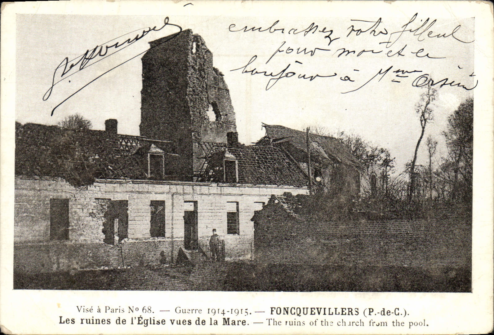 CPA Militaria Foncquevillers Les ruines de l'eglise vues de la Mare