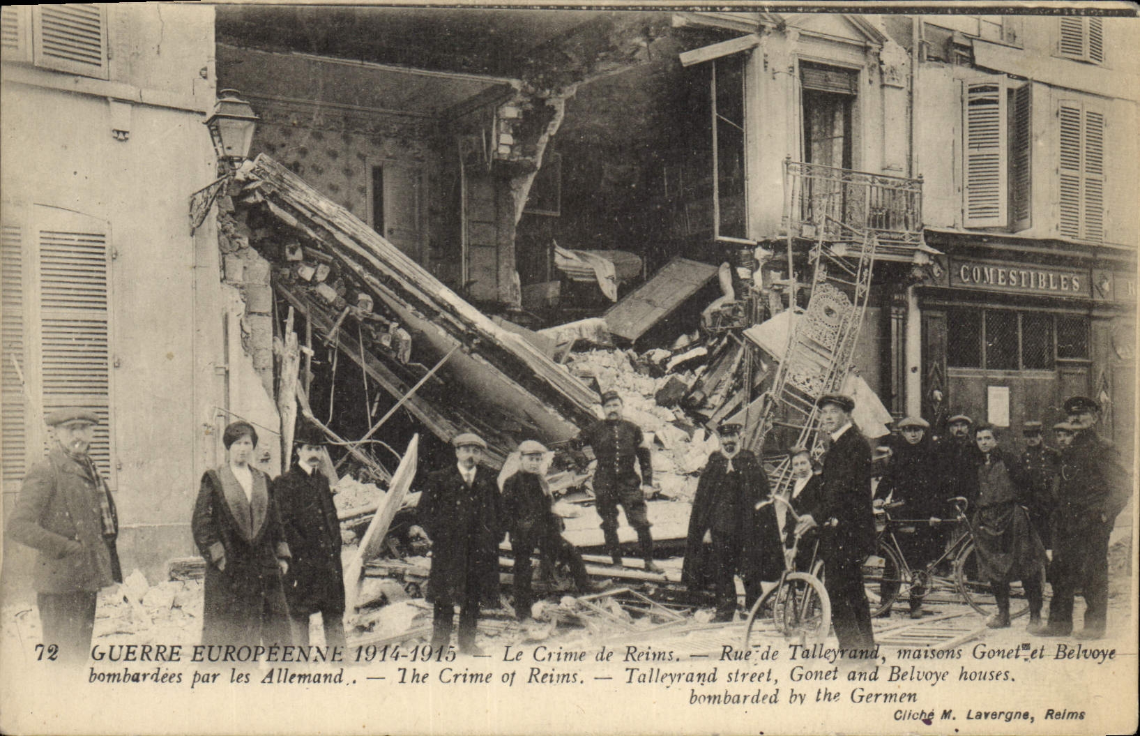 CPA Militaria Le Crime de Reims Rue de Talleyrand maisons Gonet et Belvoye bombardees par les Allema