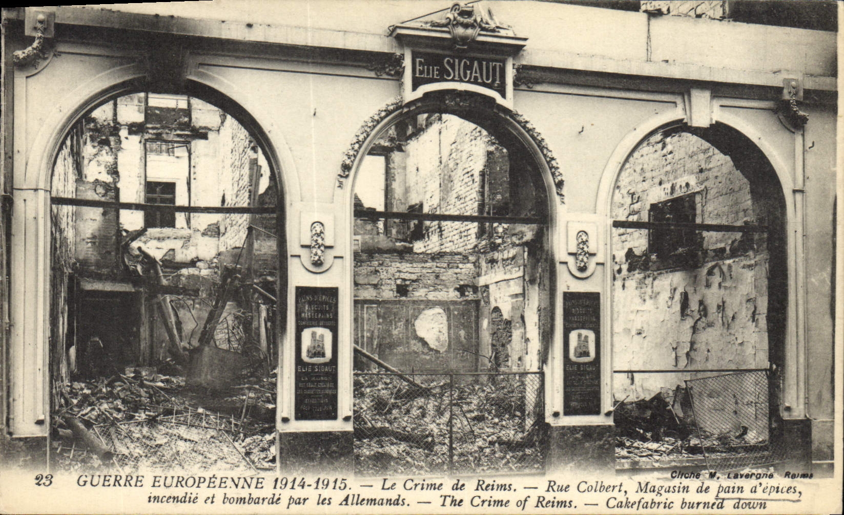 CPA Militaria Le crime de Reims Rue Colbert Magasin de pains d'epices incendie et bombarde par les A