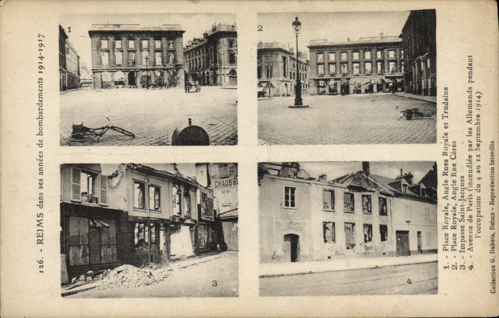 CPA Militaria Reims dans ses annees de bombardements 1914 1917 Place Royale Angle Rues Royale et Tru