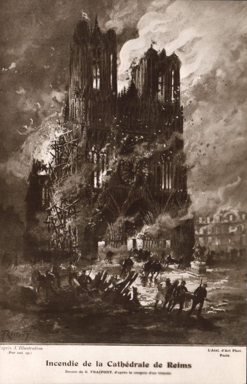 CPA Militaria Incendie de la Cathédrale de Reims