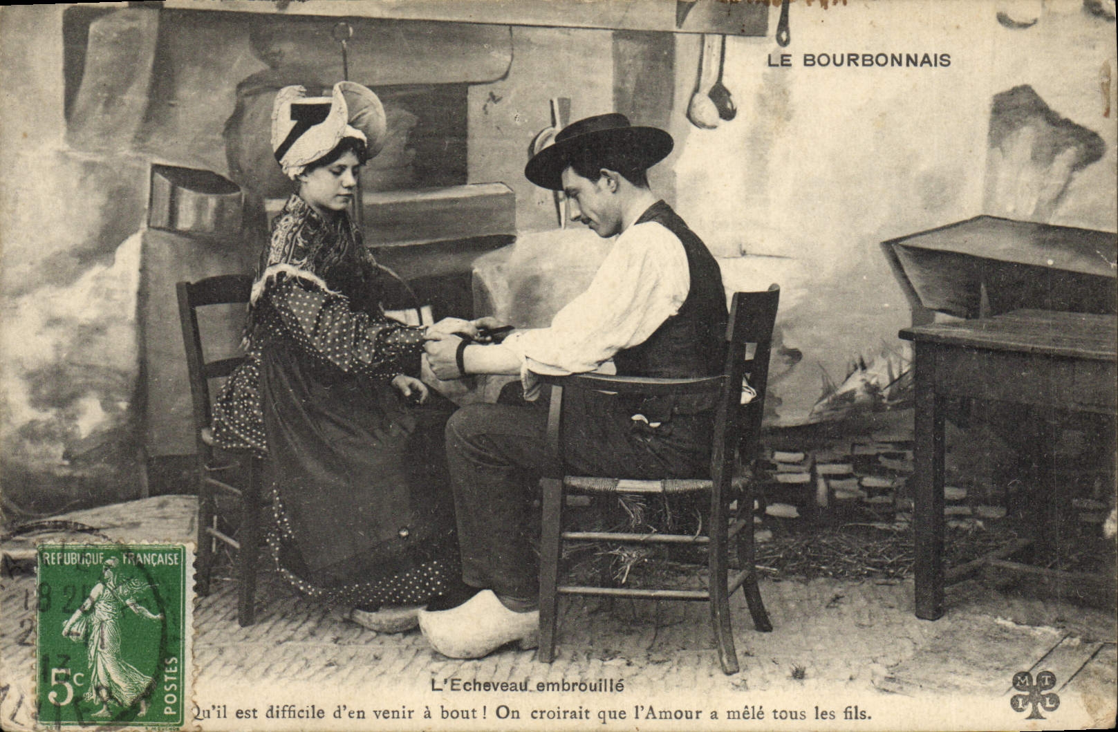 CPA Folklore LE BOURBONNAIS. L'Echeveau embrouillé qu'il est difficile d'en venir à bout! On croirai