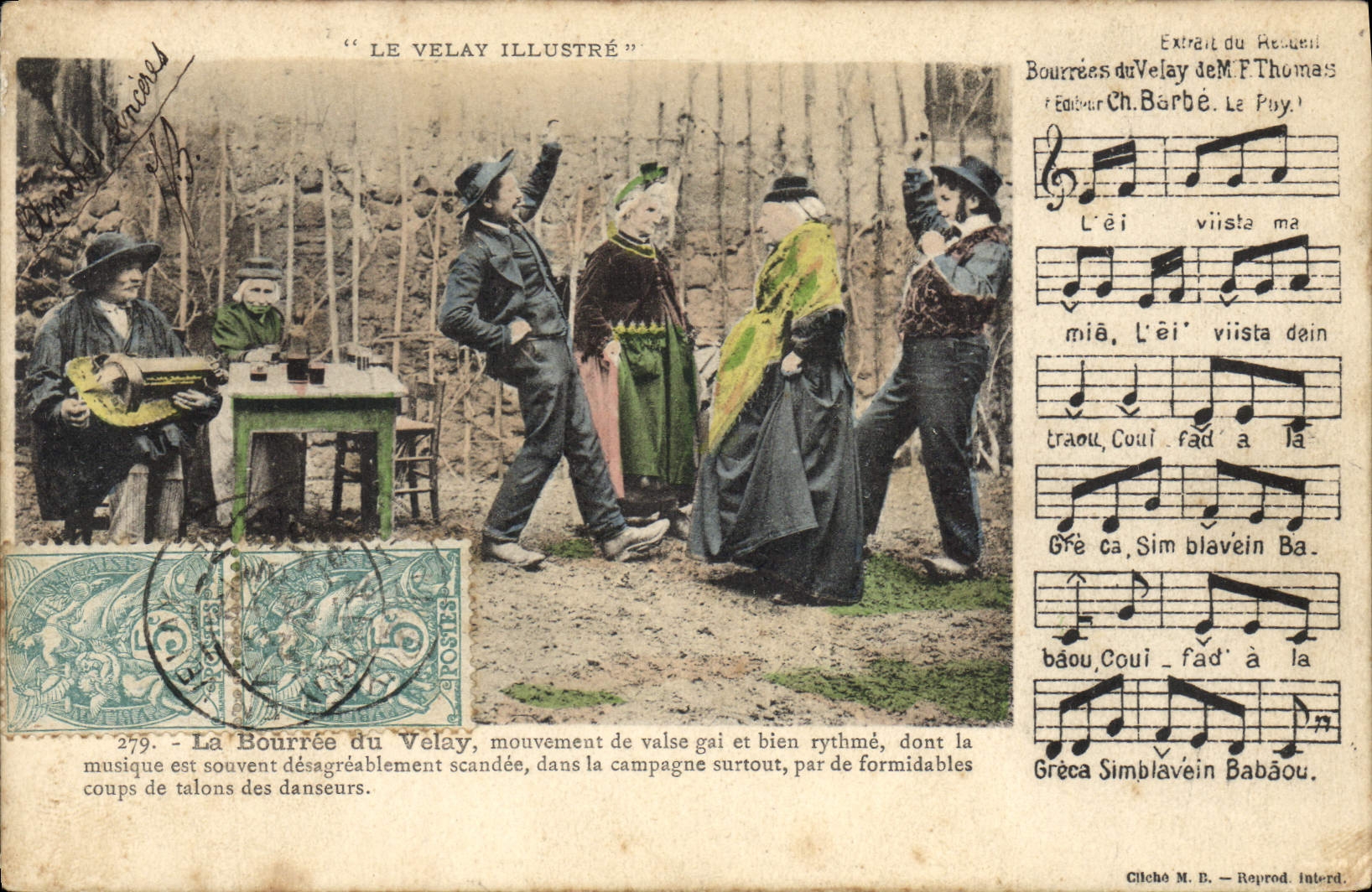 CPA Folklore La Bourrée de Velay mouvement de valse gaie et bien rythmé dont la musique est souven