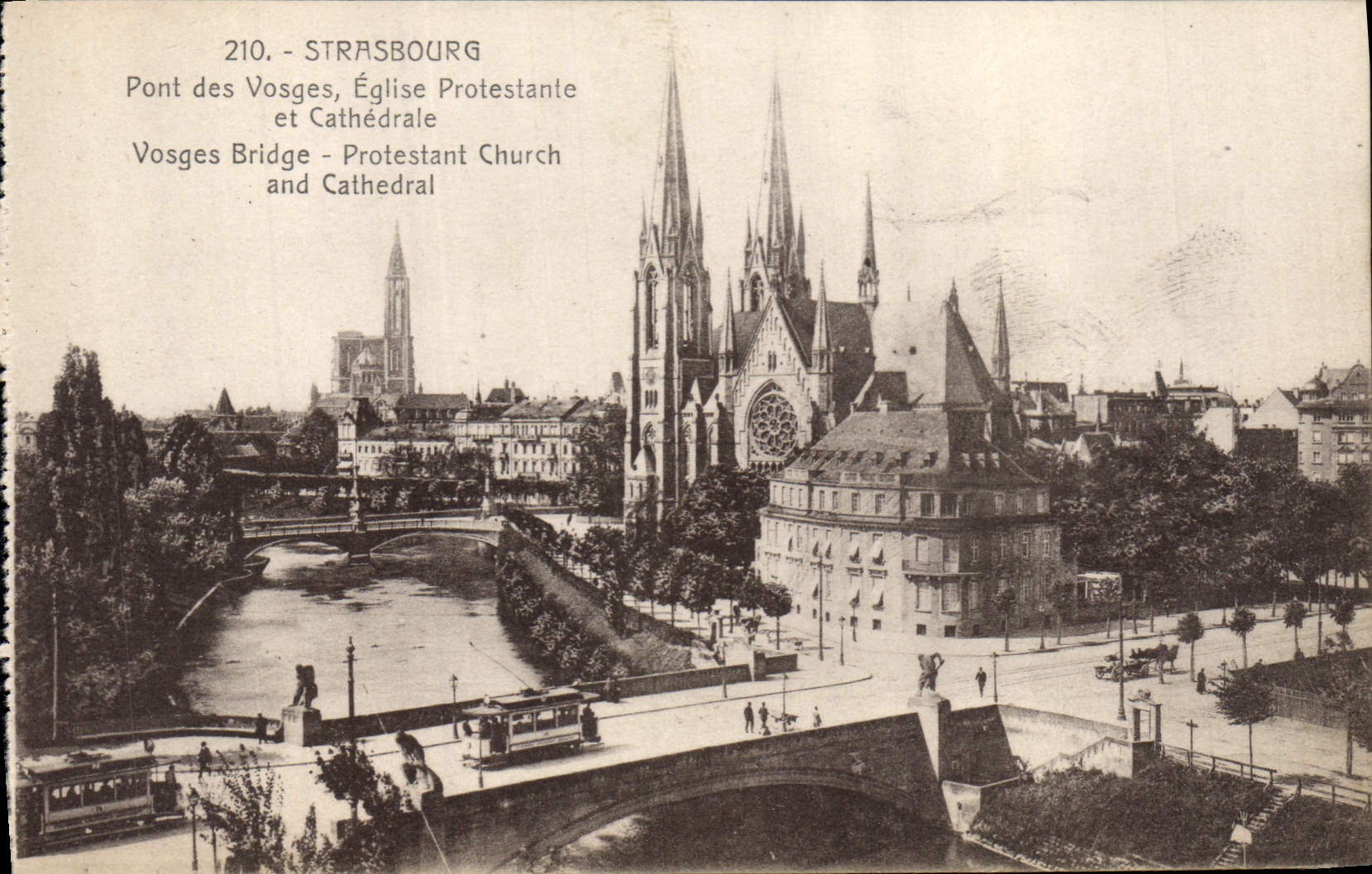 CPA Strasbourg Pont des Vogues Eglise Protestante et Cathedrale Tramway