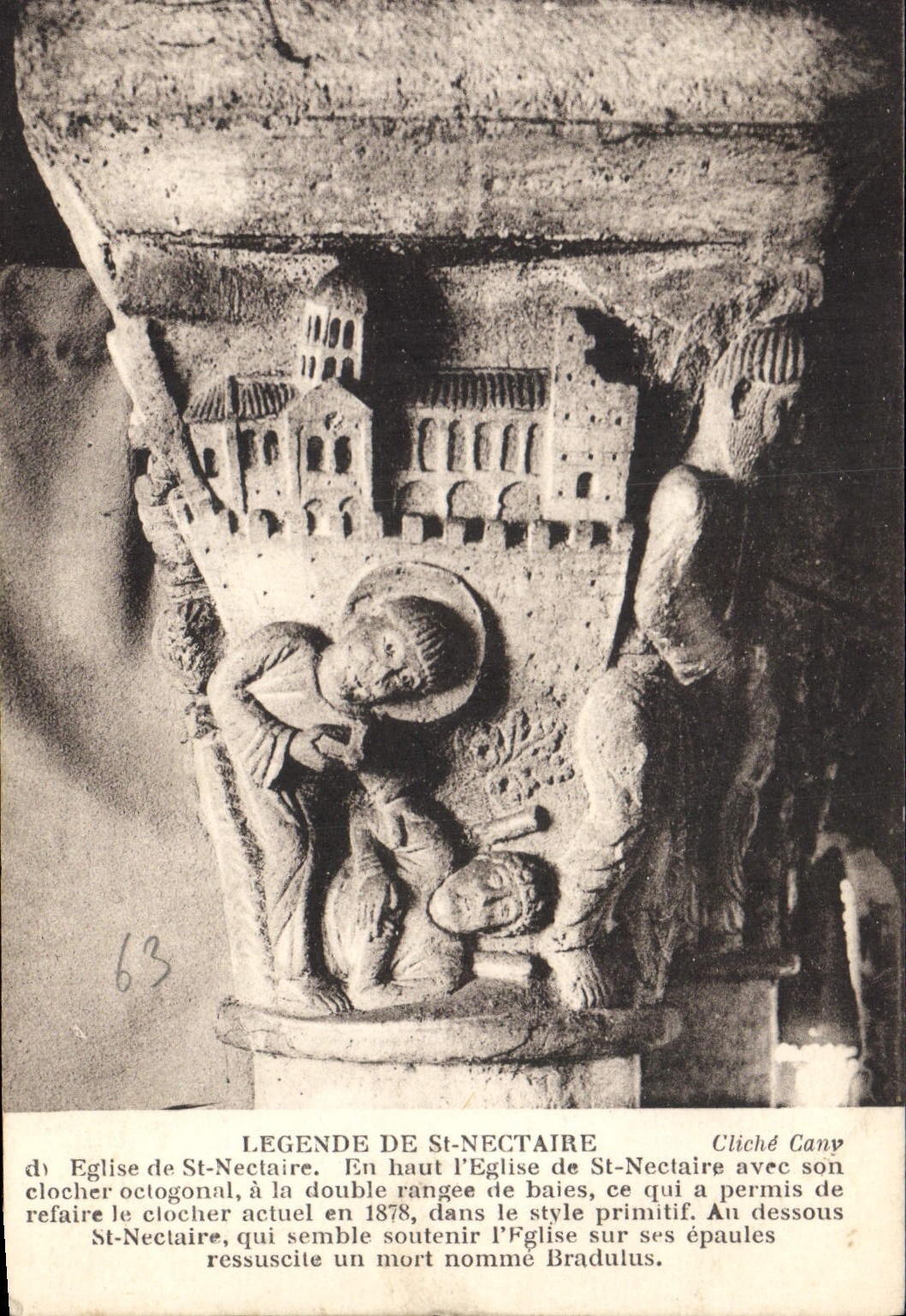 CPA Legende de St Nectaire Eglise de St Neclaire En haut l'Eglise de St Nectaire avec son clocher oc