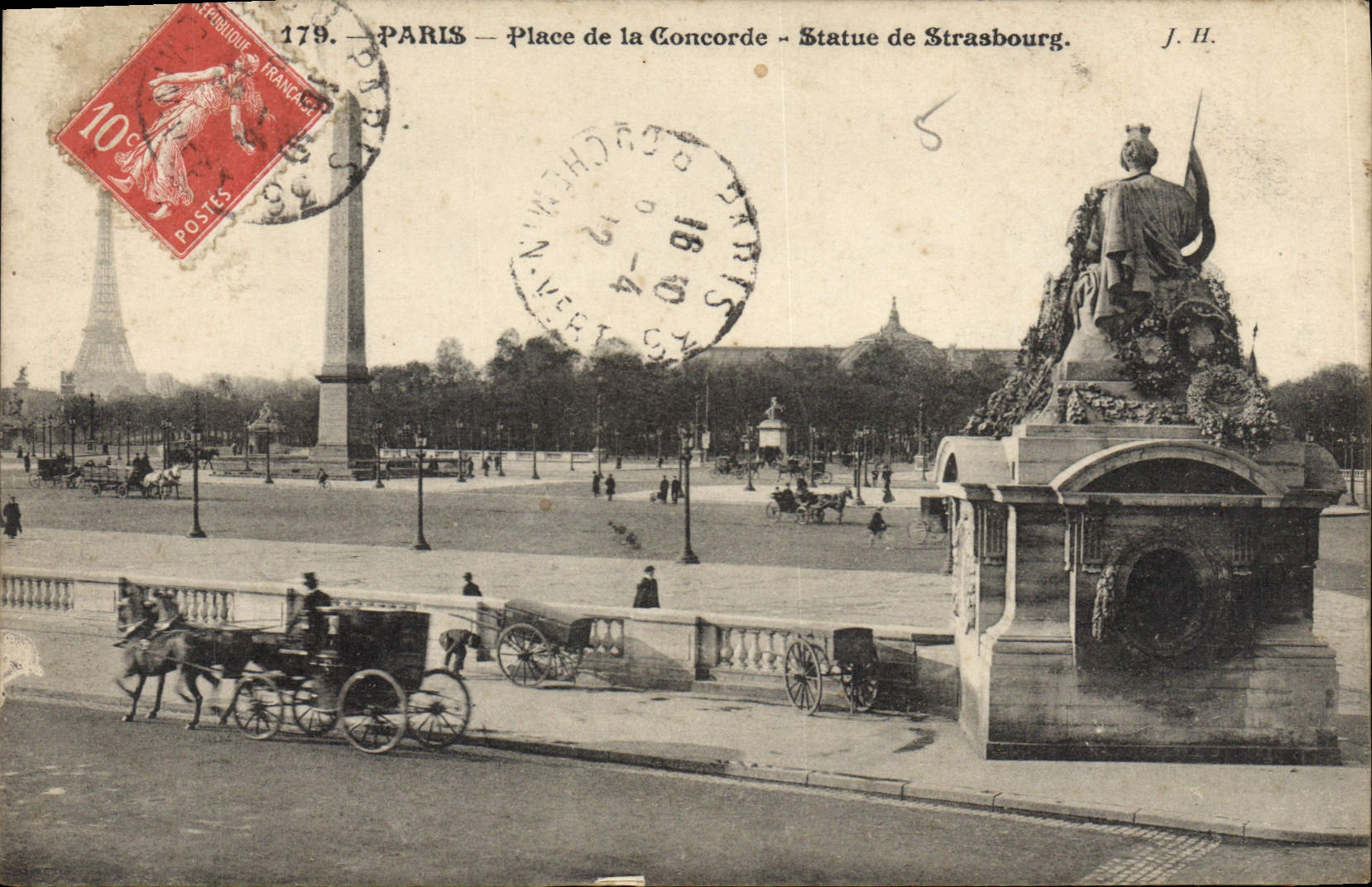 CPA Paris Place de la Concorde Statue de Strasbourg Tour Eiffel