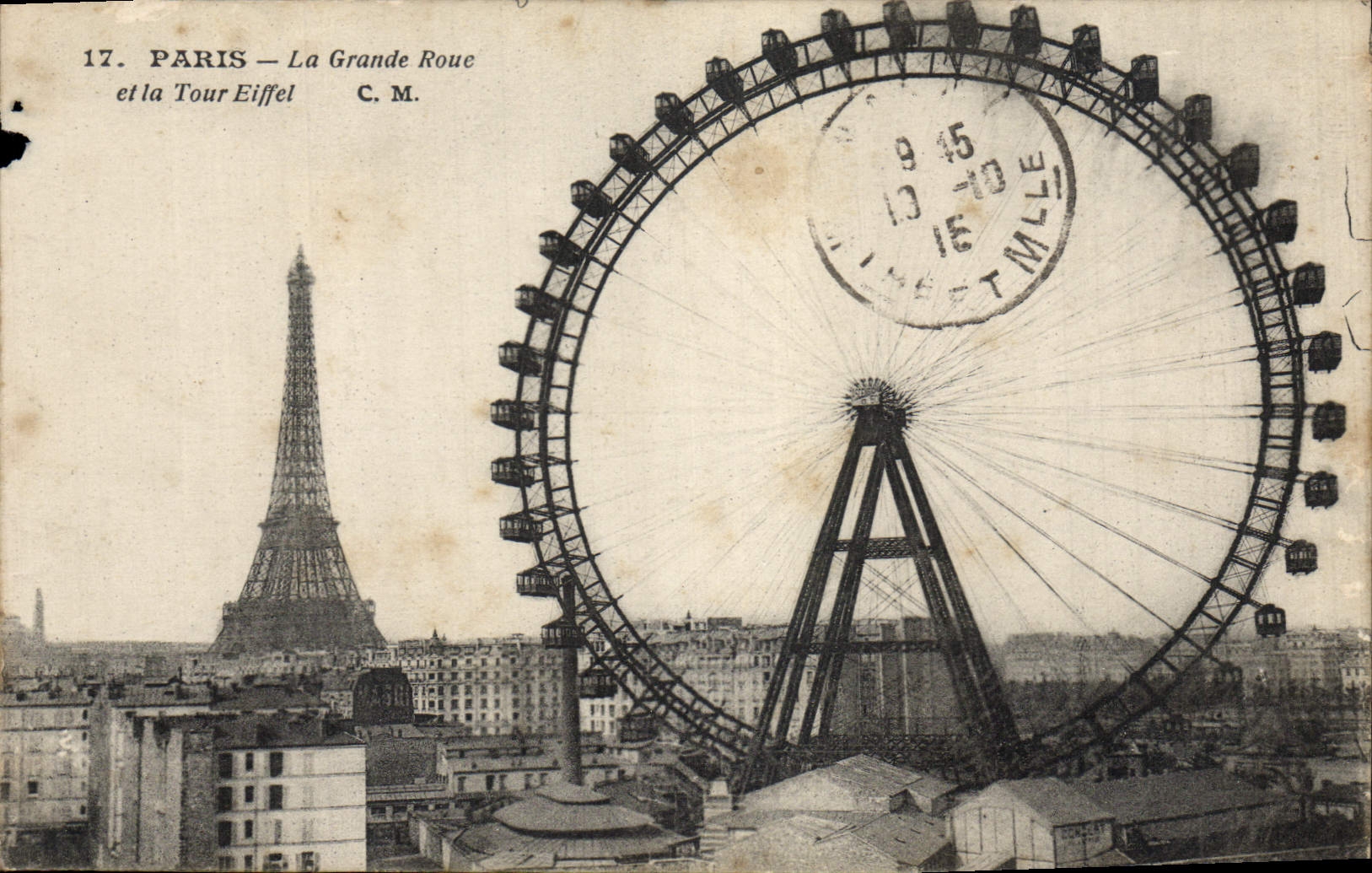 CPA Paris la grande Roue et la Tour Eiffel