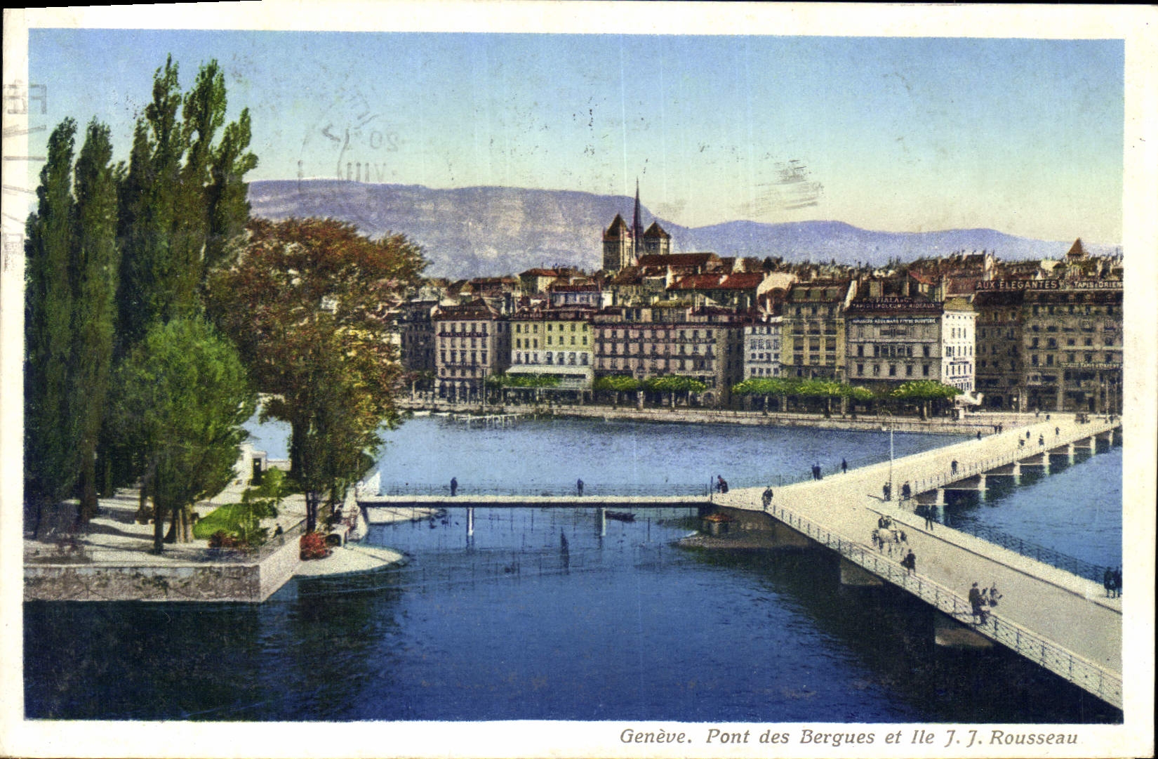 CPA Geneve pont des Bergues et ile J J Rousseau 