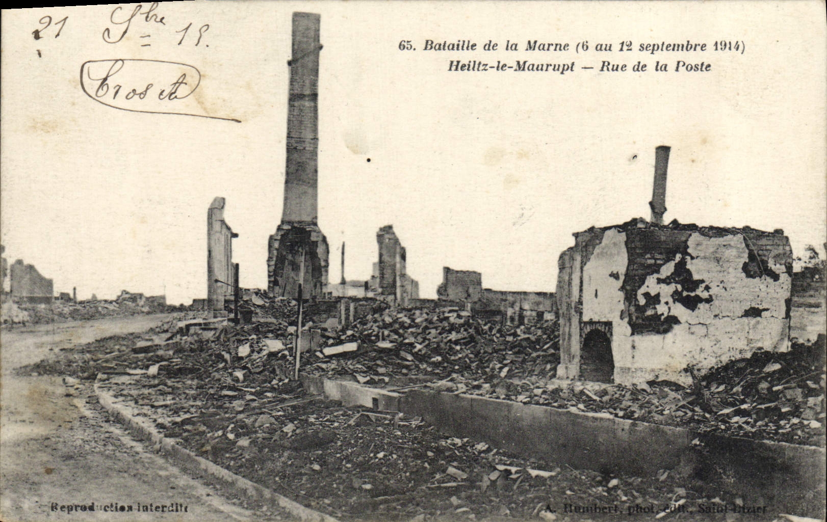 CPA Militaria Bataille de la Marne 6 au 12 sep 1914 Heillz le Maurupt rue de la poste
