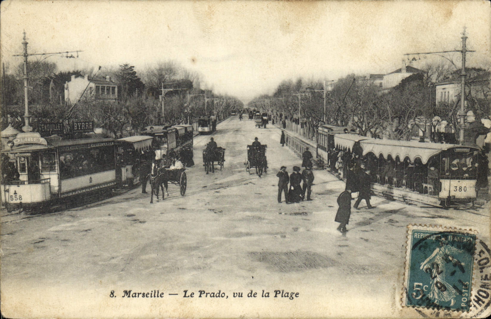 CPA Marseille le Prado vu de la Plage Tramways