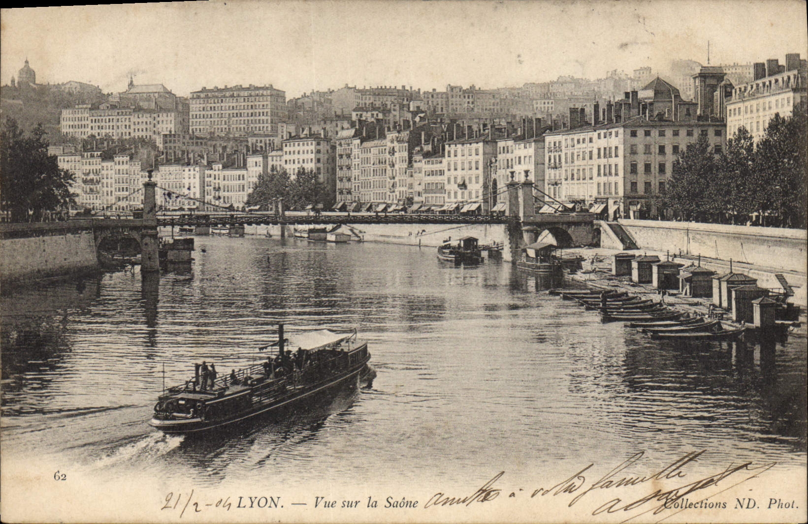 CPA Lyon Vue sur la Saone Bateau