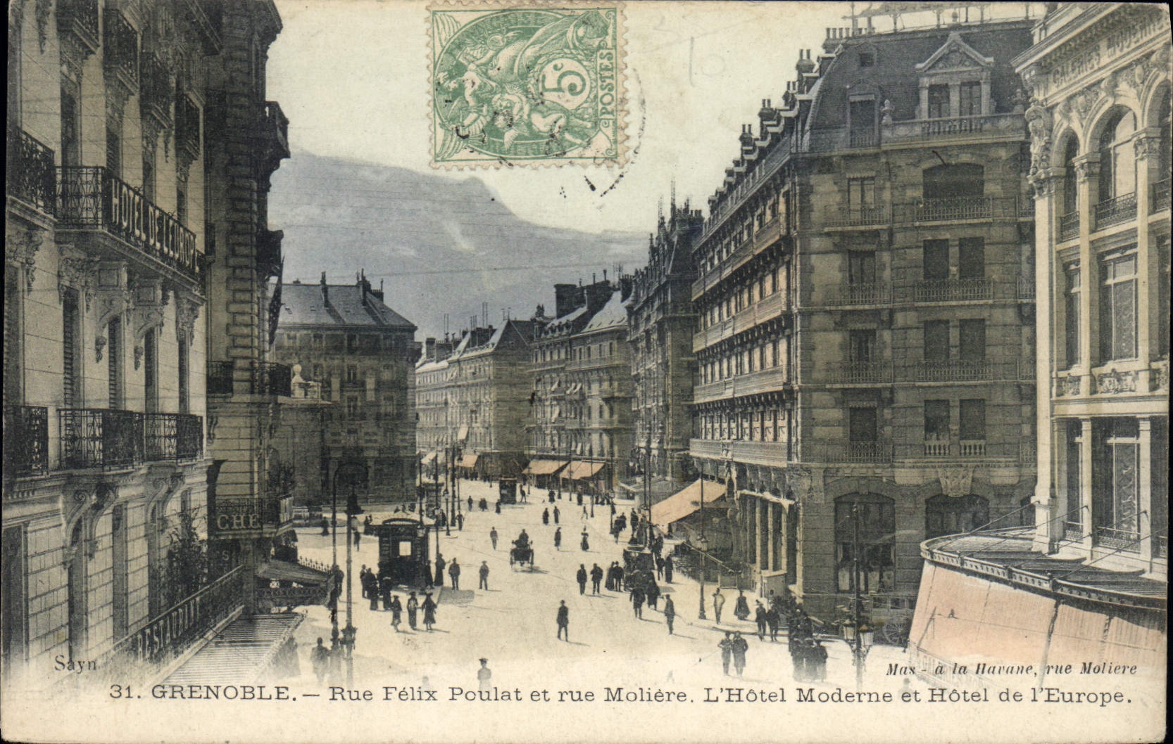 CPA Grenoble Rue Felix Poulat et Rue Moliere L'Hotel Moderne et Hotel de l'Europe