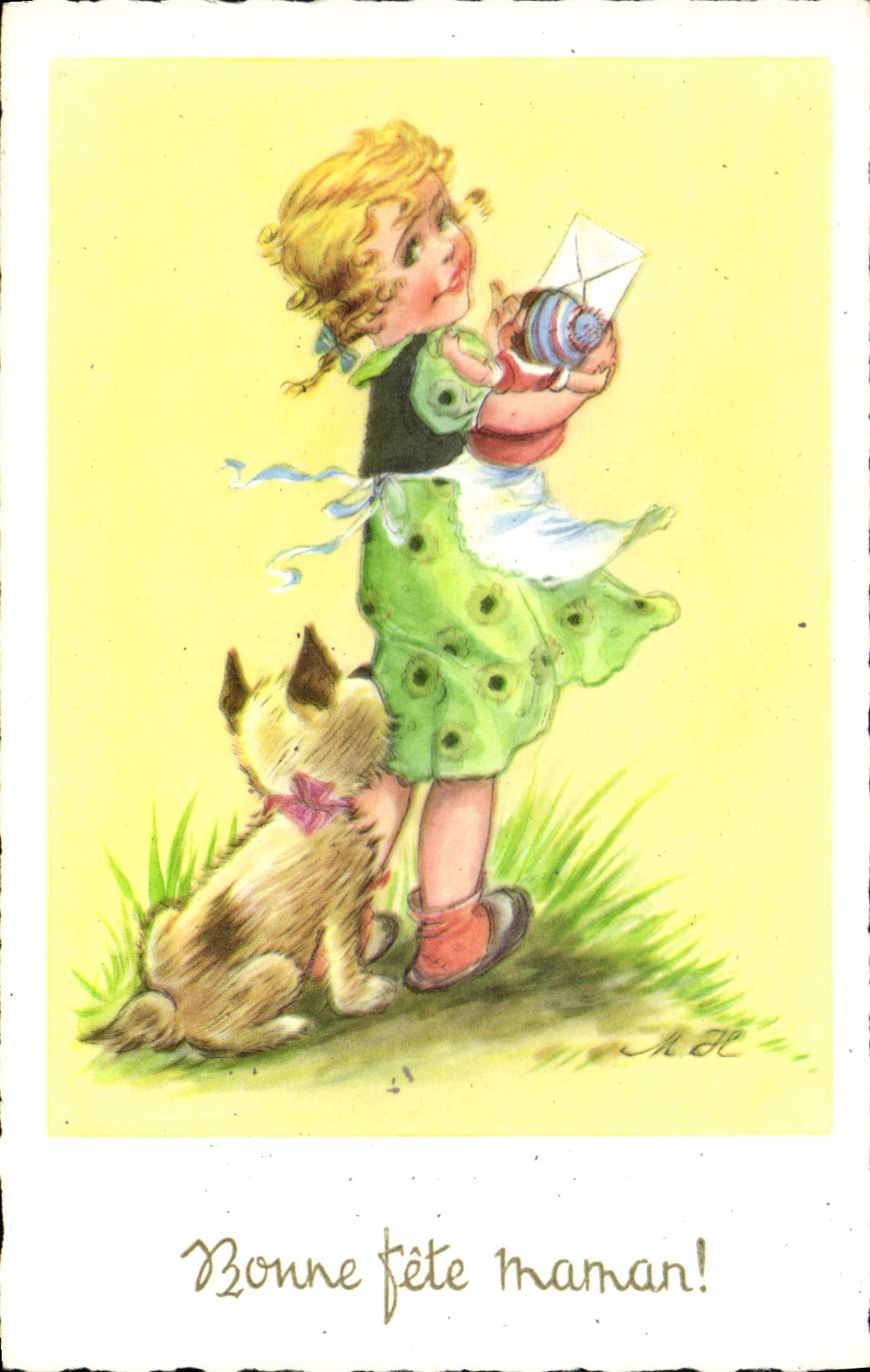 CPA Fantaisie Enfant chien Bonne fete Maman