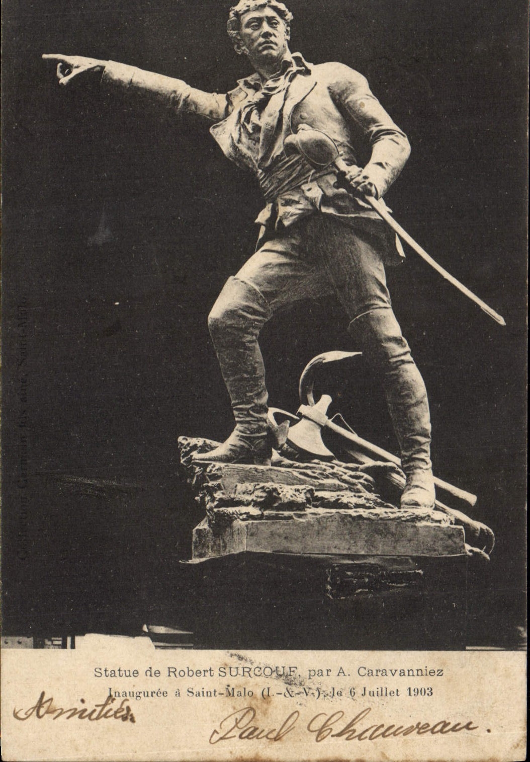 CPA Statue de Robert Surcouf par a Caravannies Inauguree a Saint Malo I & V 
