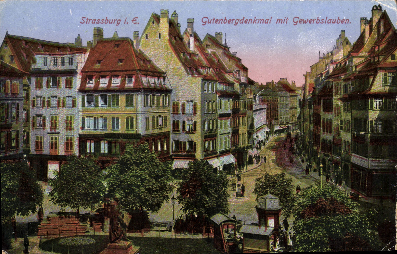 CPA Strassburg Gutenbergdenkmal mit Gewerbslauben