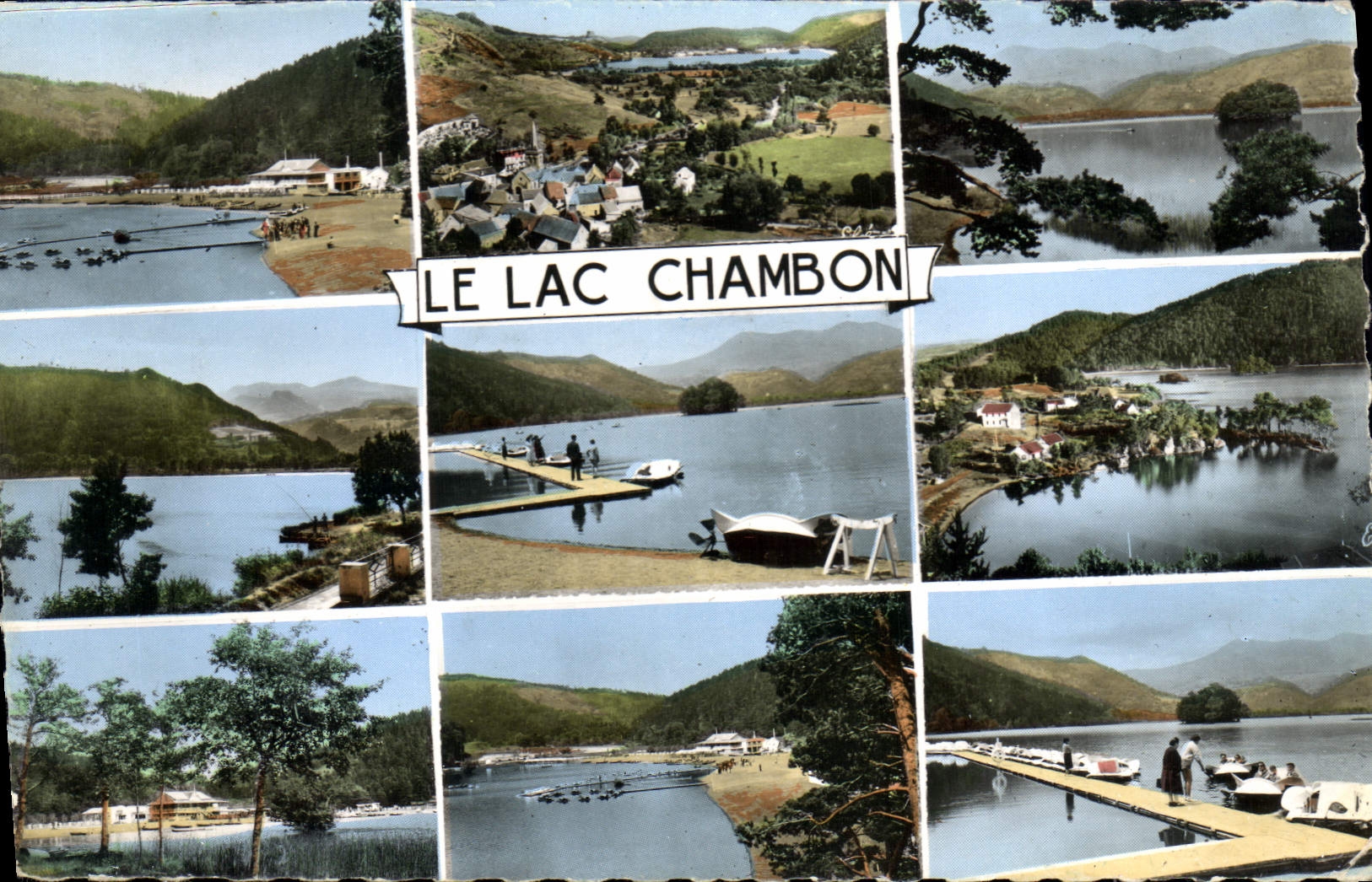 CPA Le Lac Chambon de gauche a droite La Plage et le Manege Nautique Chambon sur le Lac Vue generale