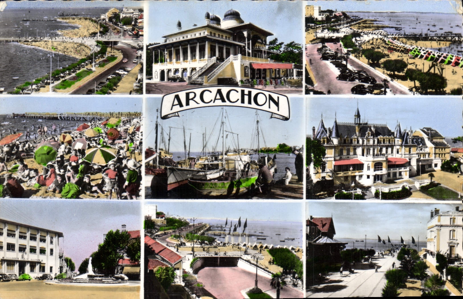 CPA Arcachon de G a D La Plage et les Jetees La Plage La Poste Le Casino Mauresque Les Sardiniers Le