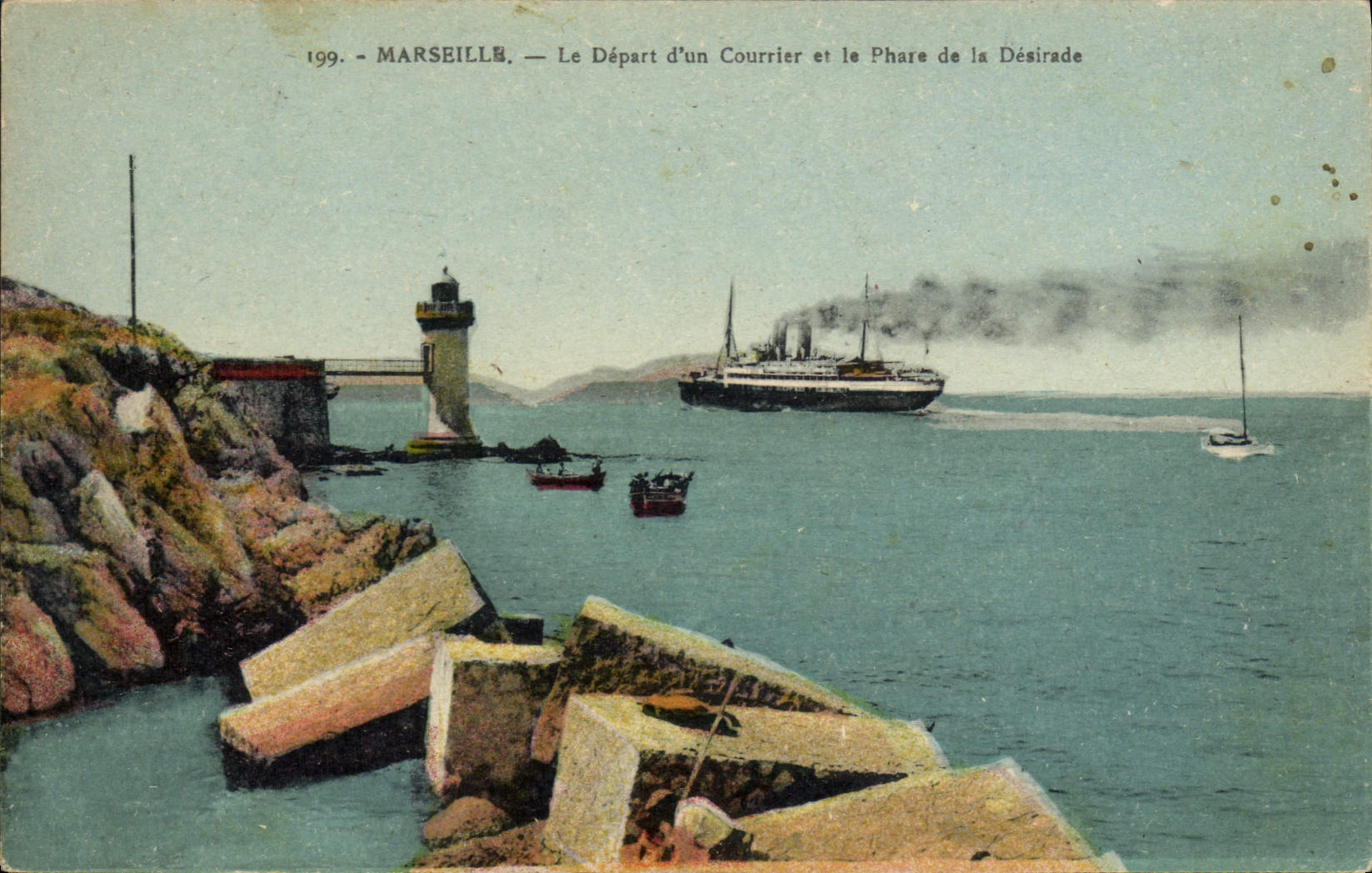 CPA Marseille Le Depart d'un Courrier et le Phare de la Desirade
