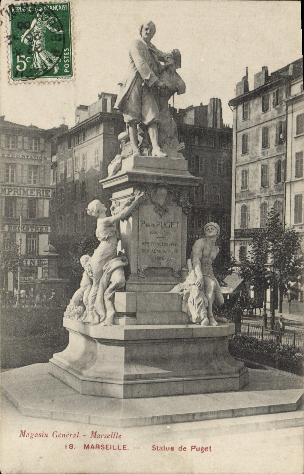 CPA Marseille Statue de Puget Magasin General