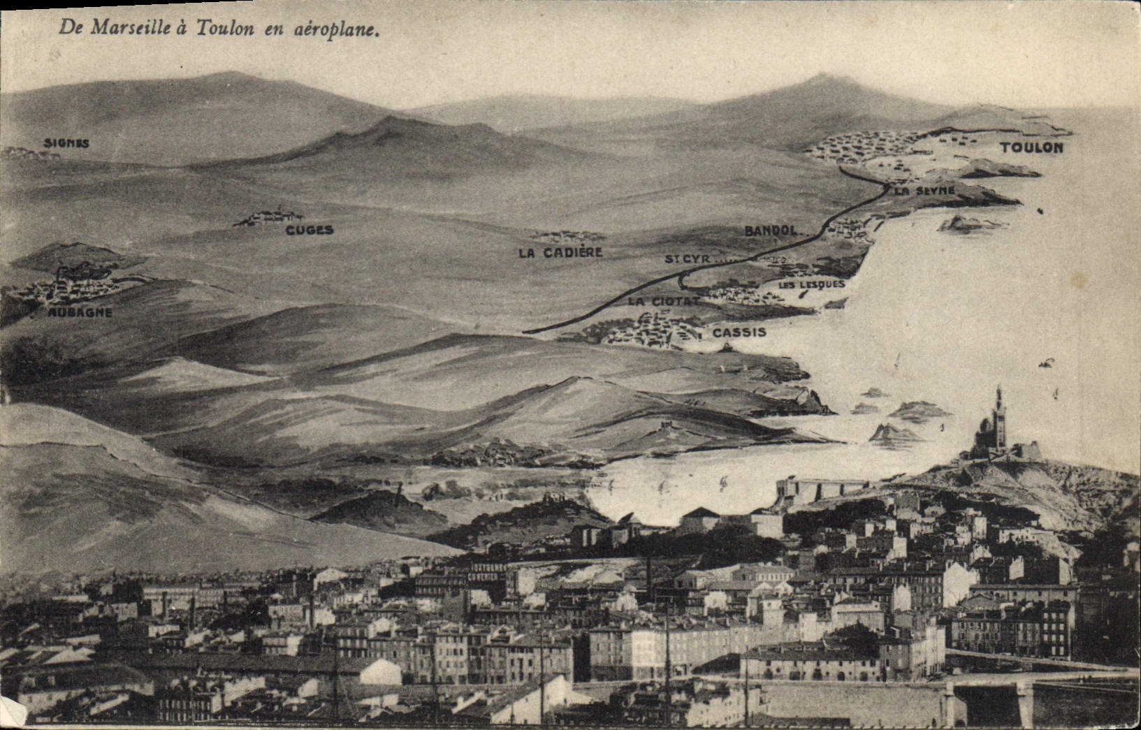 CPA De Marseille a Toulun en aeroplane 