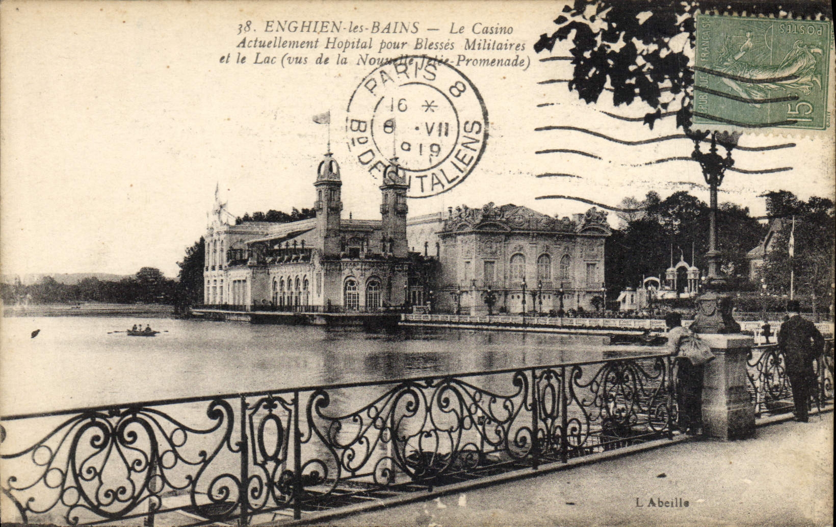 CPA Enghien les Bains le casino actuellement hopital pour Blesses Militaires et le lac vue de la nou