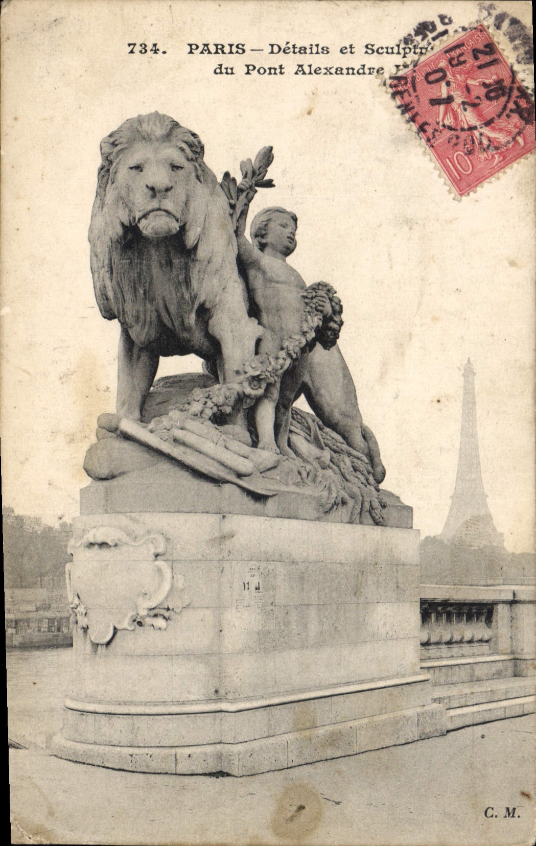CPA Paris Details et Sculpture du Pont Alexandre III Lion Tour Eiffel