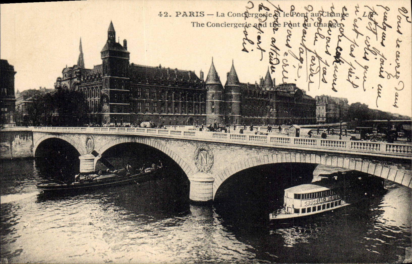 CPA Paris La Conciergerie et le Pont au Change Bateaux Peniches