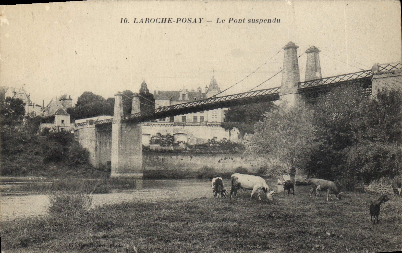 CPA La Roche Posay le pont suspendu Vaches