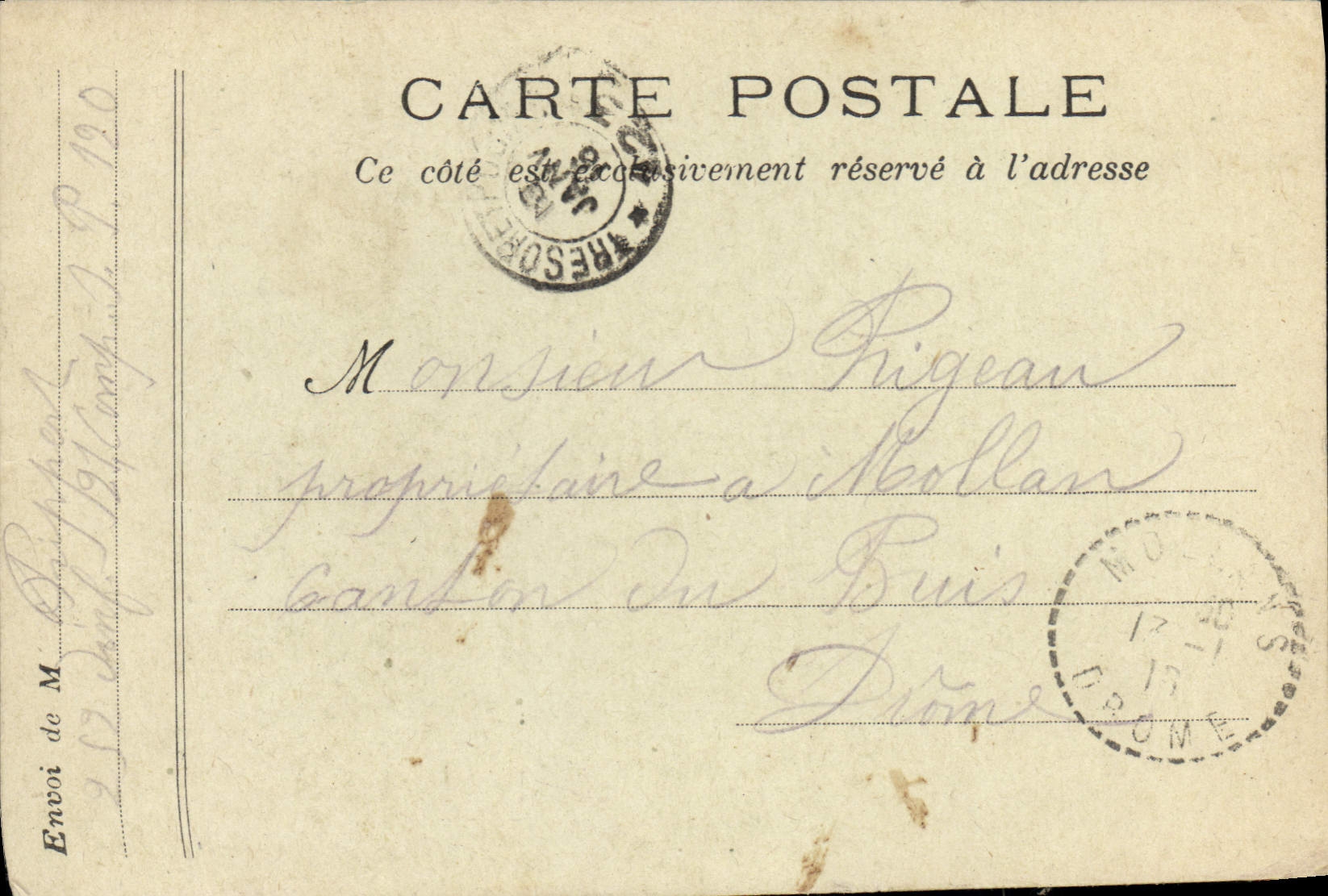 Carte de Franchise Militaire Rigeau Canton du Buis Mollan Drome