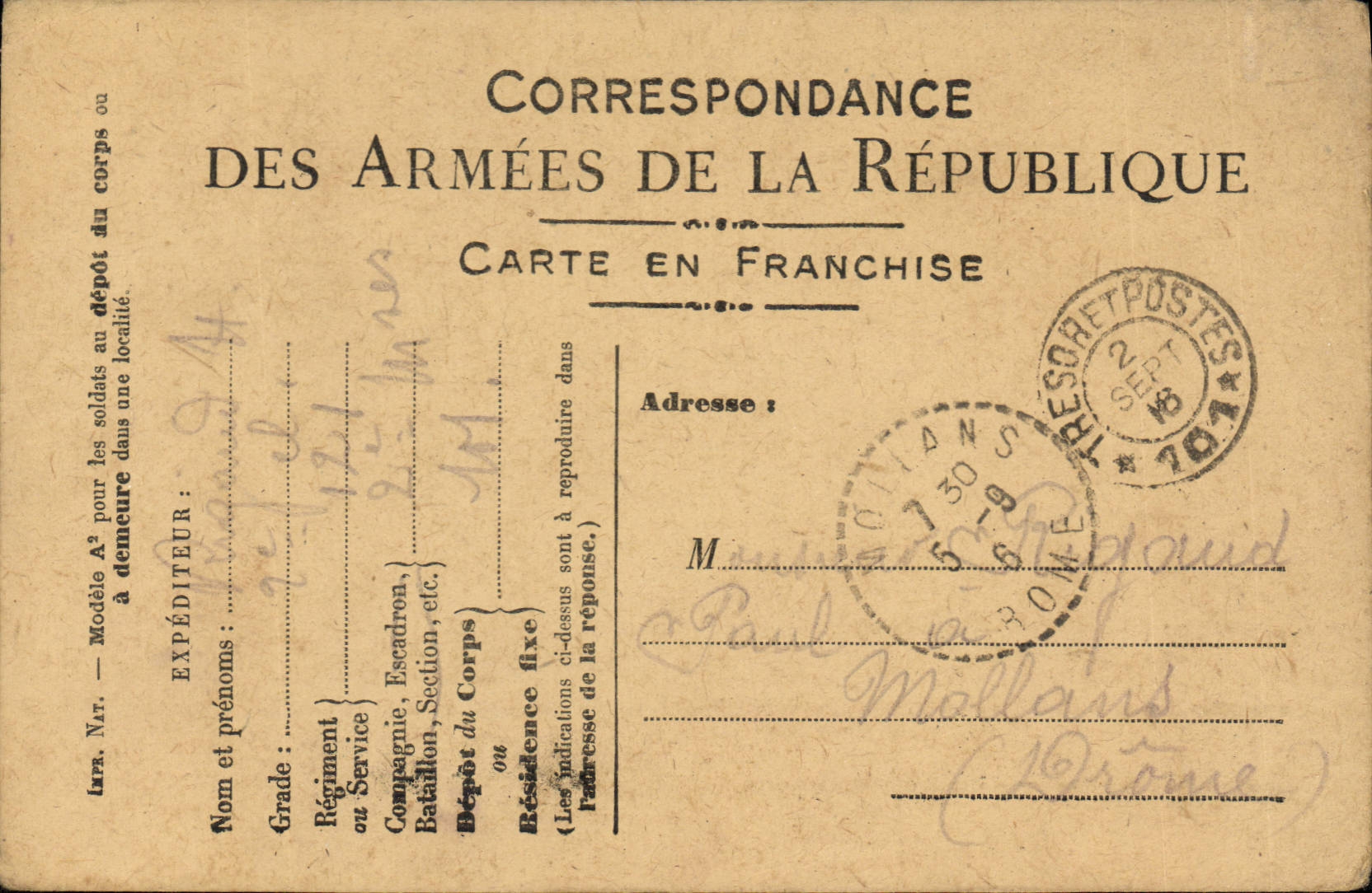 Carte de Franchise Militaire Rigaud Canton du Buis Mollan Drome