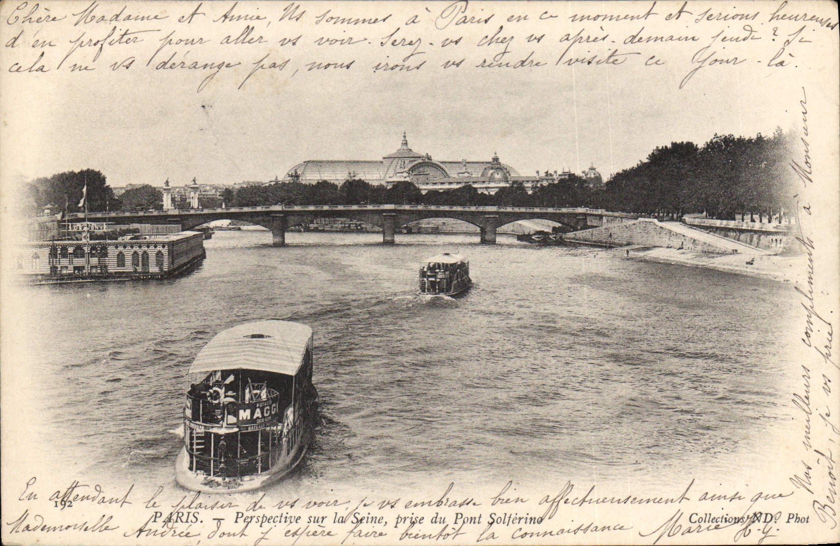 CPA Paris Perspective sur la Seine prise du Pont Solferino Bateau Peniche Publicite Maggi