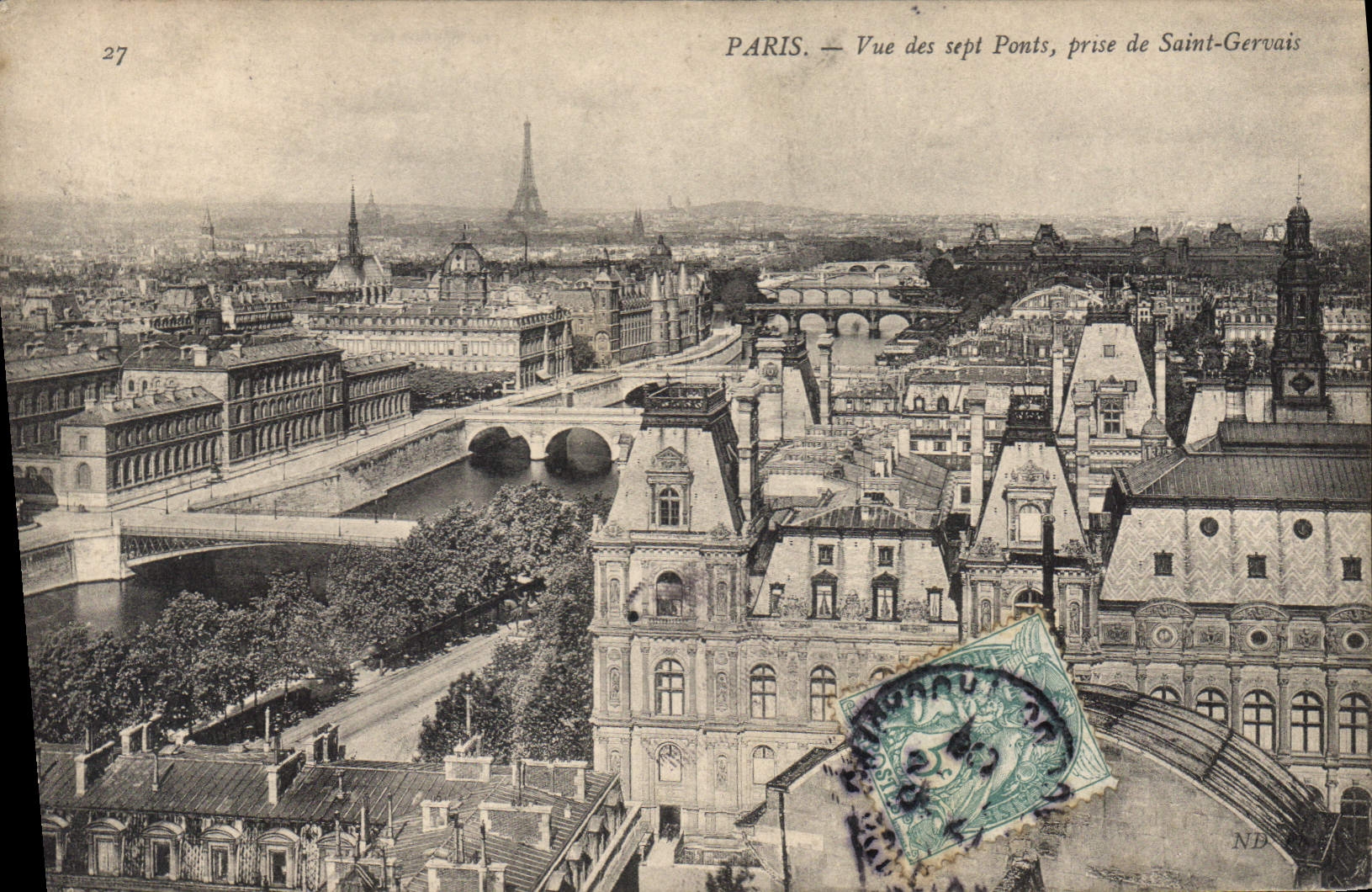 CPA Paris Vu des Sept Ponts prise de Saint Gervais Tour Eiffel