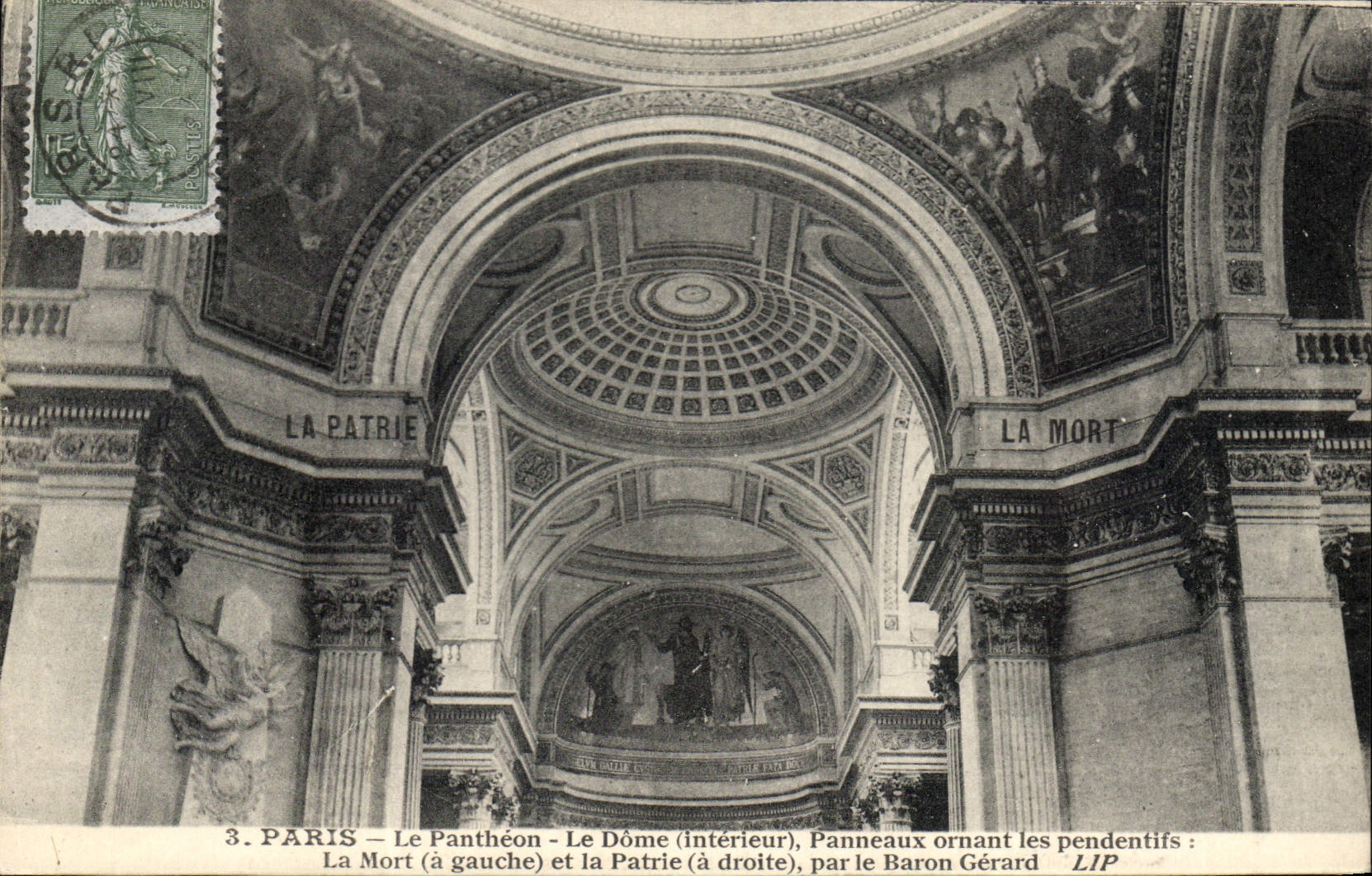 CPA Paris Le Pantheon Le Dome (Interieur) Panneaux ornant pendentifs La Monrt (a gauche) et la Patri