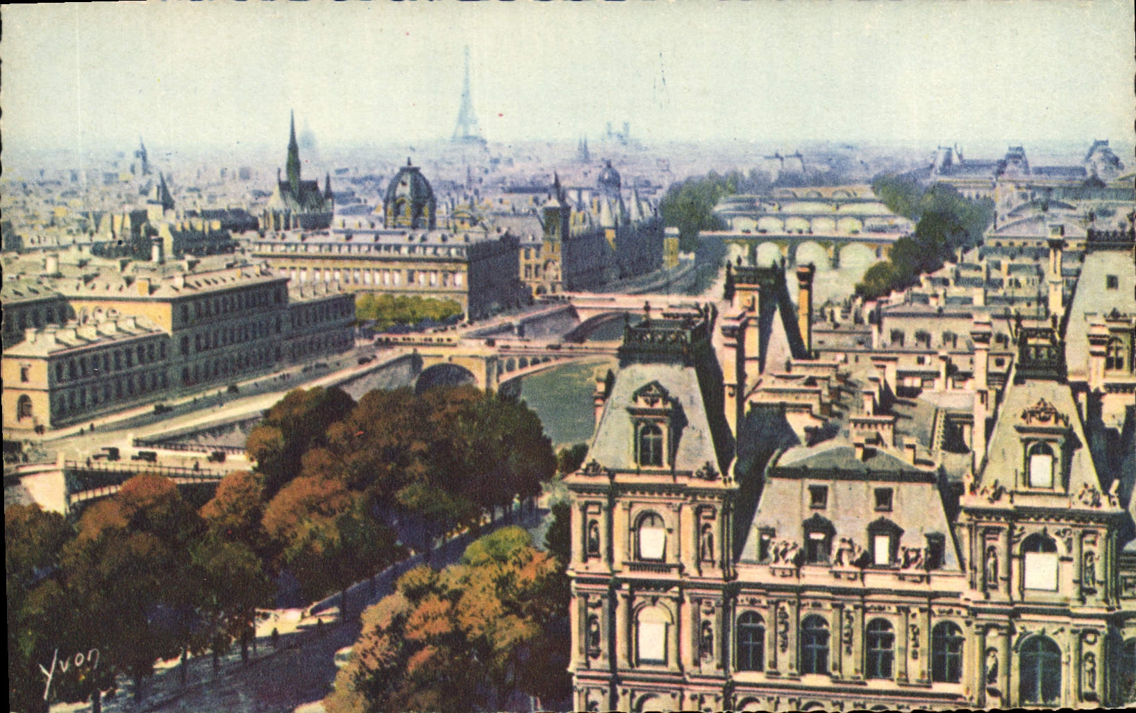 CPA Paris Les ponts de la Seine a vol d'oiseau Tour Eiffel