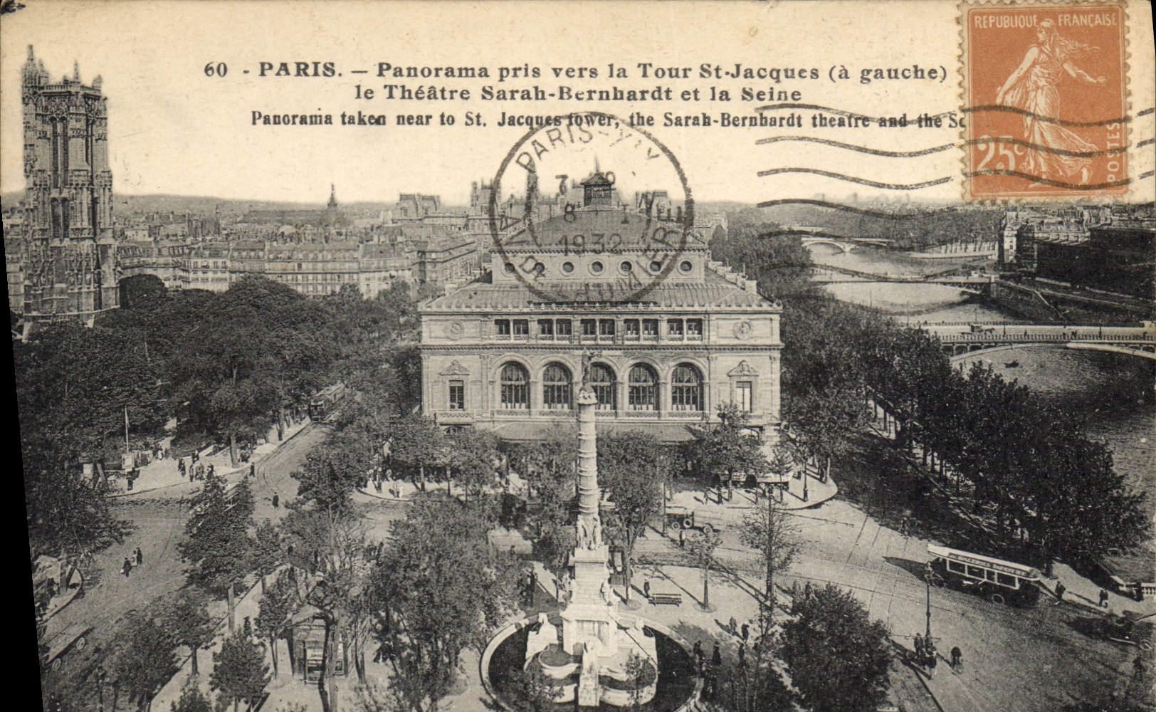 CPA Paris Panorama pris vsers la Tour St Jacques (a gauche) le Theatre Sarah Bernhardt et la Seine