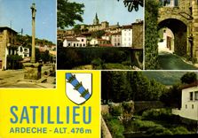 CPA Satillieu Ardeche Vieille croix Vue generale Vieille porte la Riviere Nant Cascade Pont 