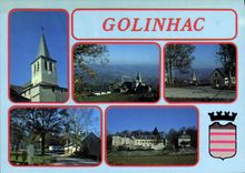 CPA Golinhac Aveyron Le Clocher Vue generale Le Chateau des Vernhettes Point de vue du Camping 