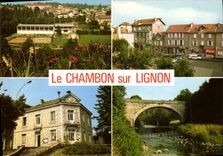 CPSM Le Chambon Sur Lignon Vue Generale La Place et Rue St Agreve La Mairie Le Pont Le Lignon