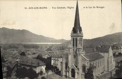 CPA Aix Les Bains Vue Generale église Et Le Lac Du Bourget