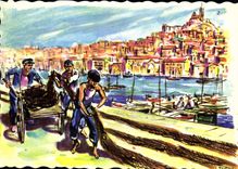 CPSM Marseille Ramassage Des Chaluts Sur Le Vieux Port illustrateur Georges Potier