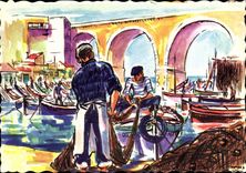 CPSM Marseille Pecheurs Au Vallon Des Auffes illustrateur Georges Potier