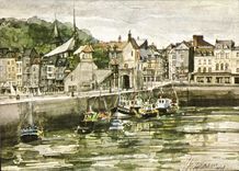 CPSM Honfleur Aquarelle De Jean Louis Thibaut perspectives de l'avant-port 1979